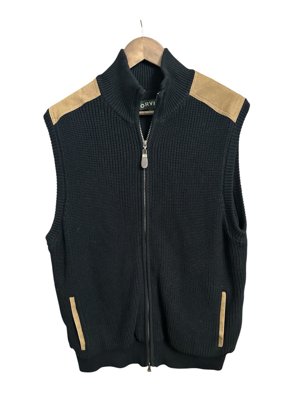 Orvis Men’s Full Zip Sweater Vest Size M Gorpcore Knit Faux Suede